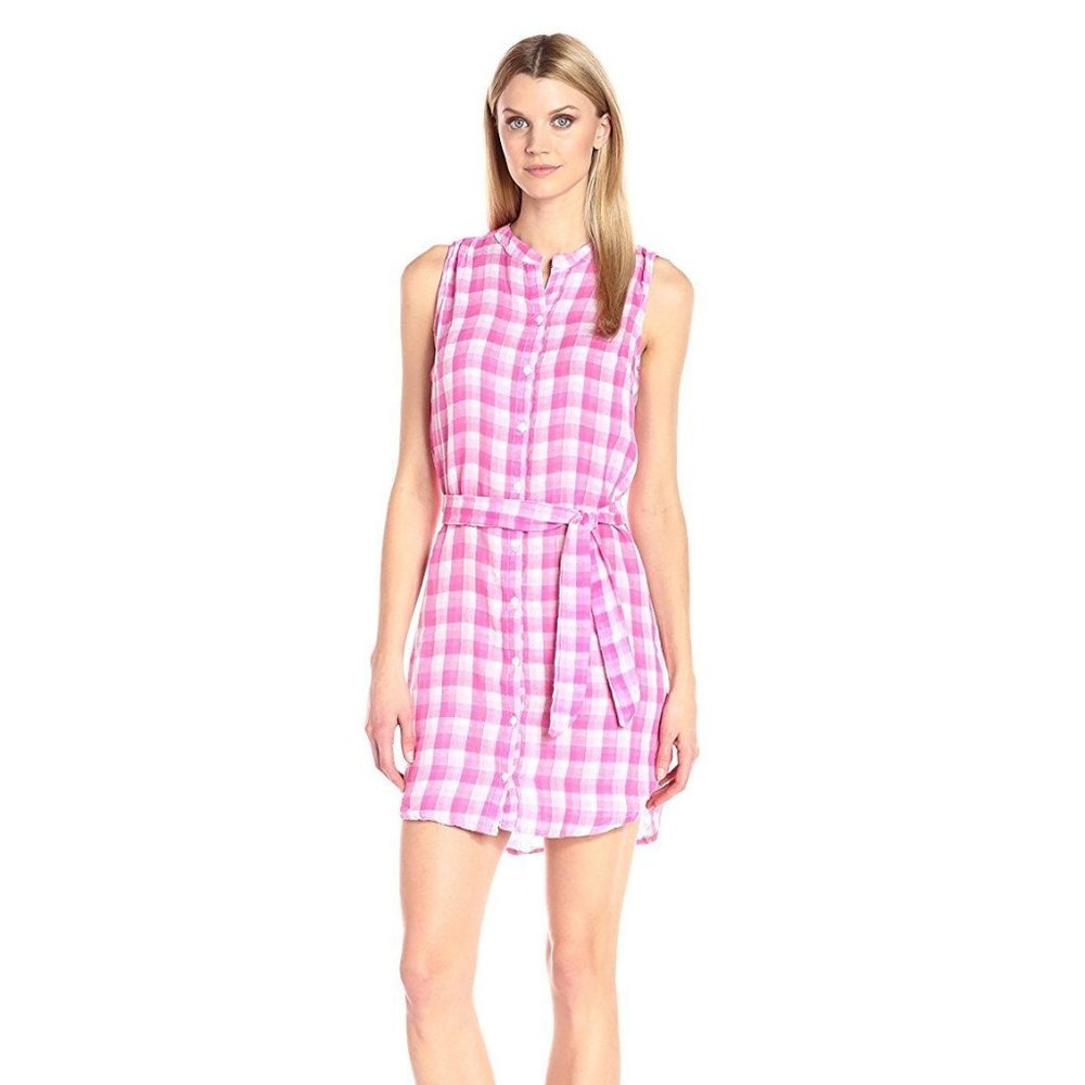 New Caribbean Joe Gingham Gauze Sleeveless Pink Button Front Dress Size PM